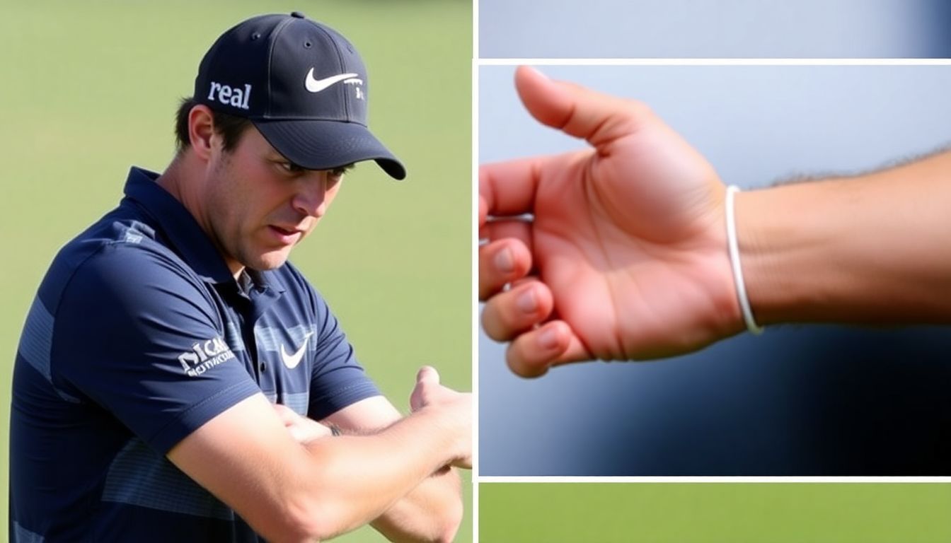 Jordan Spieth grimacing in pain during a tournament, followed by a post-surgery image of his wrist