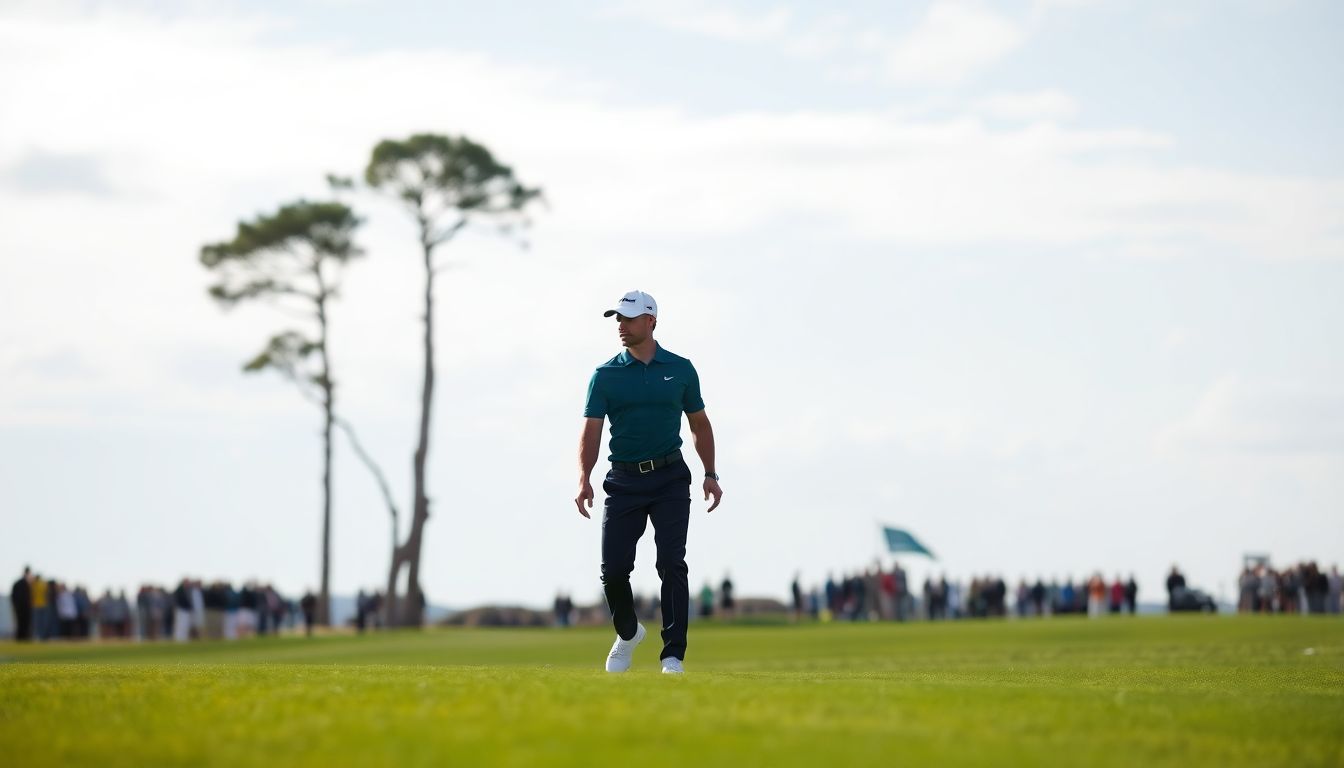 Jordan Spieth walking down the fairway, looking focused and determined