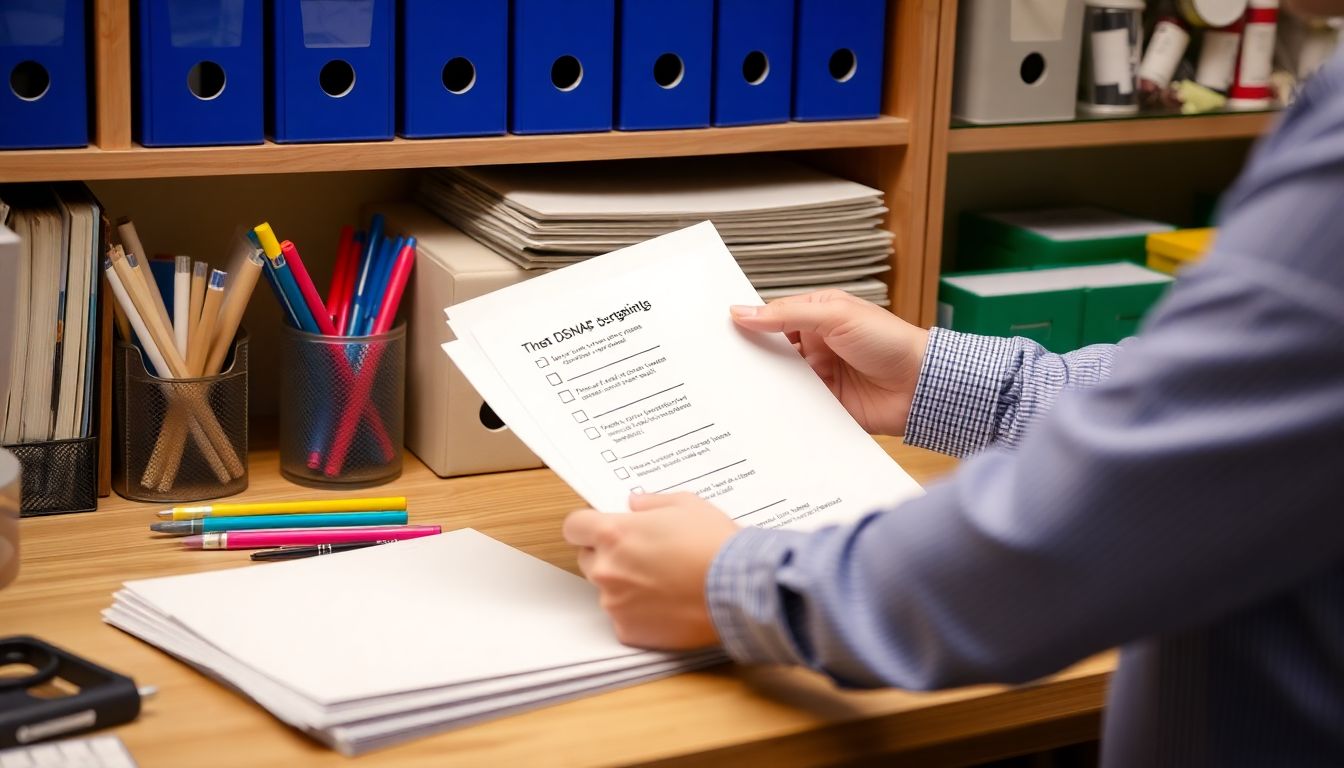 A person organizing documents and supplies, with a checklist of tips for a smooth DSNAP application