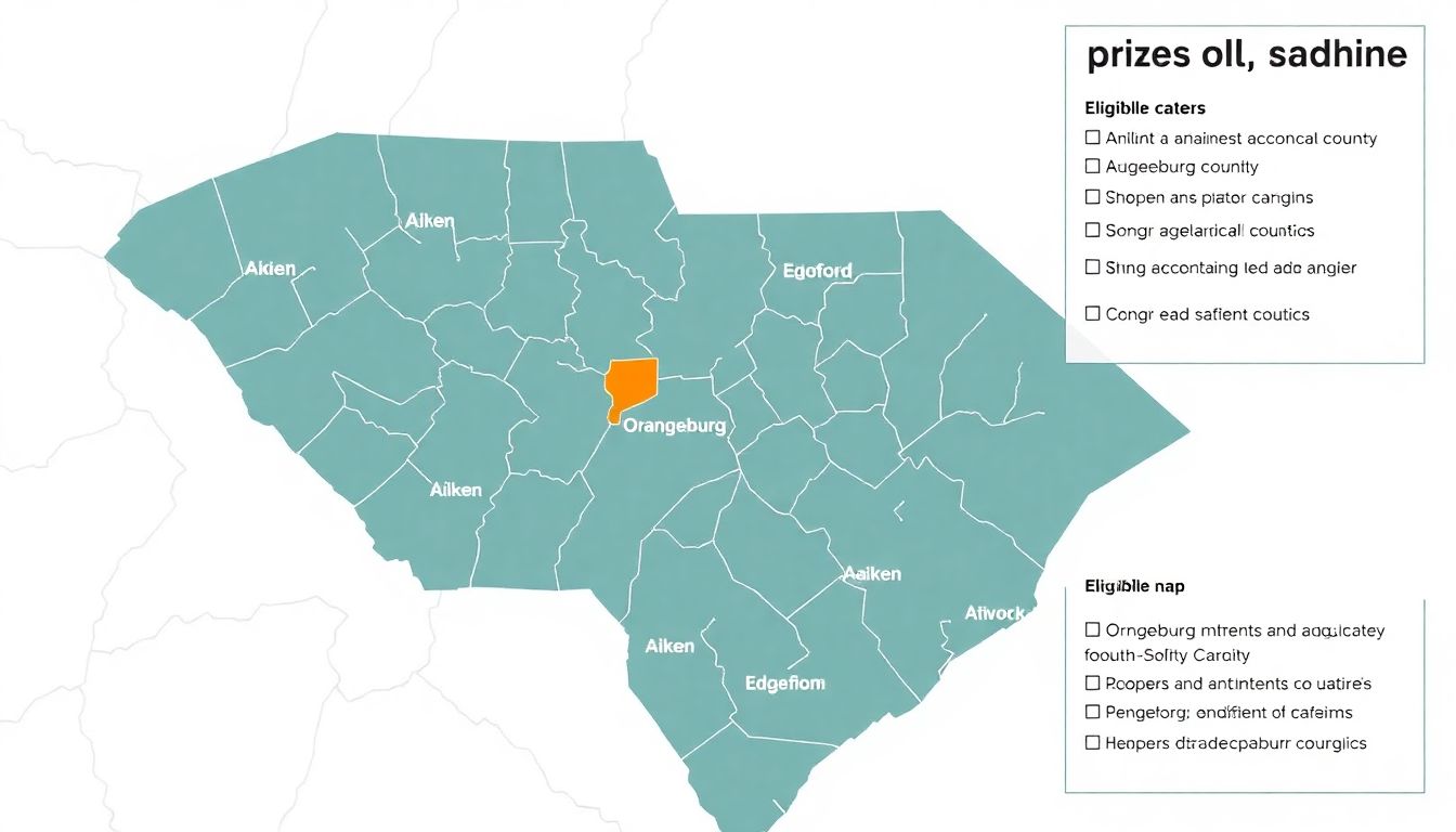 A map of South Carolina with Aiken, Edgefield, and Orangeburg counties highlighted, along with a checklist of eligibility criteria