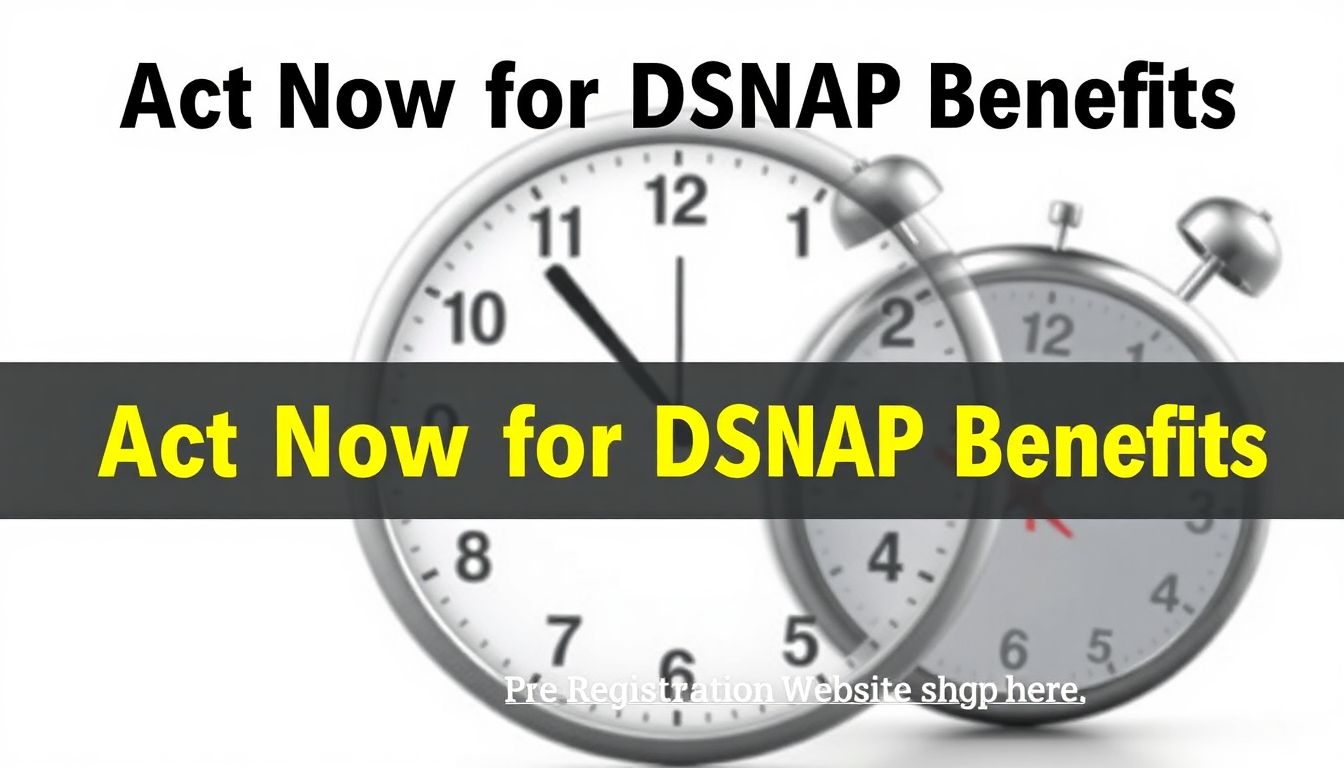 A clock ticking down, with the text 'Act Now for DSNAP Benefits' and a link to the pre-registration website