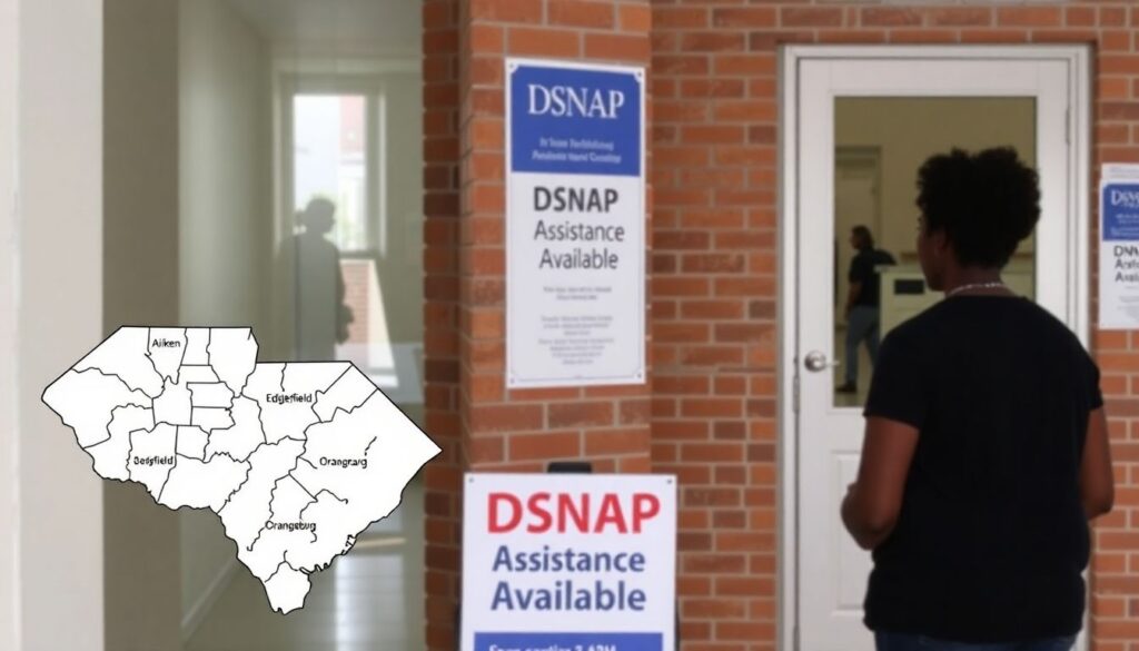 A person standing in line at a DSNAP site, with a map of South Carolina highlighting Aiken, Edgefield, and Orangeburg counties, and a sign reading 'DSNAP Assistance Available'