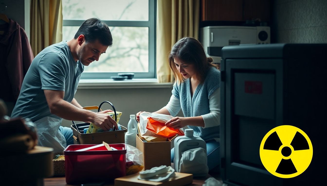 An informative image of a family or an individual preparing an emergency kit, with Chernobyl's reactor enclosure or a nuclear symbol subtly incorporated into the photograph.