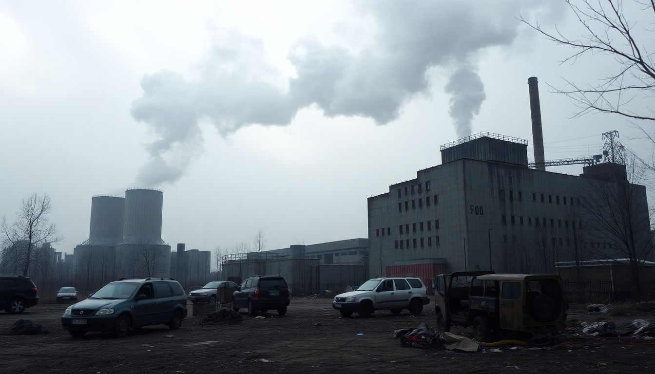 A haunting image of the Chernobyl Nuclear Power Plant, with smoke billowing from the destroyed reactor number four, and abandoned vehicles and personal belongings scattered around the site.