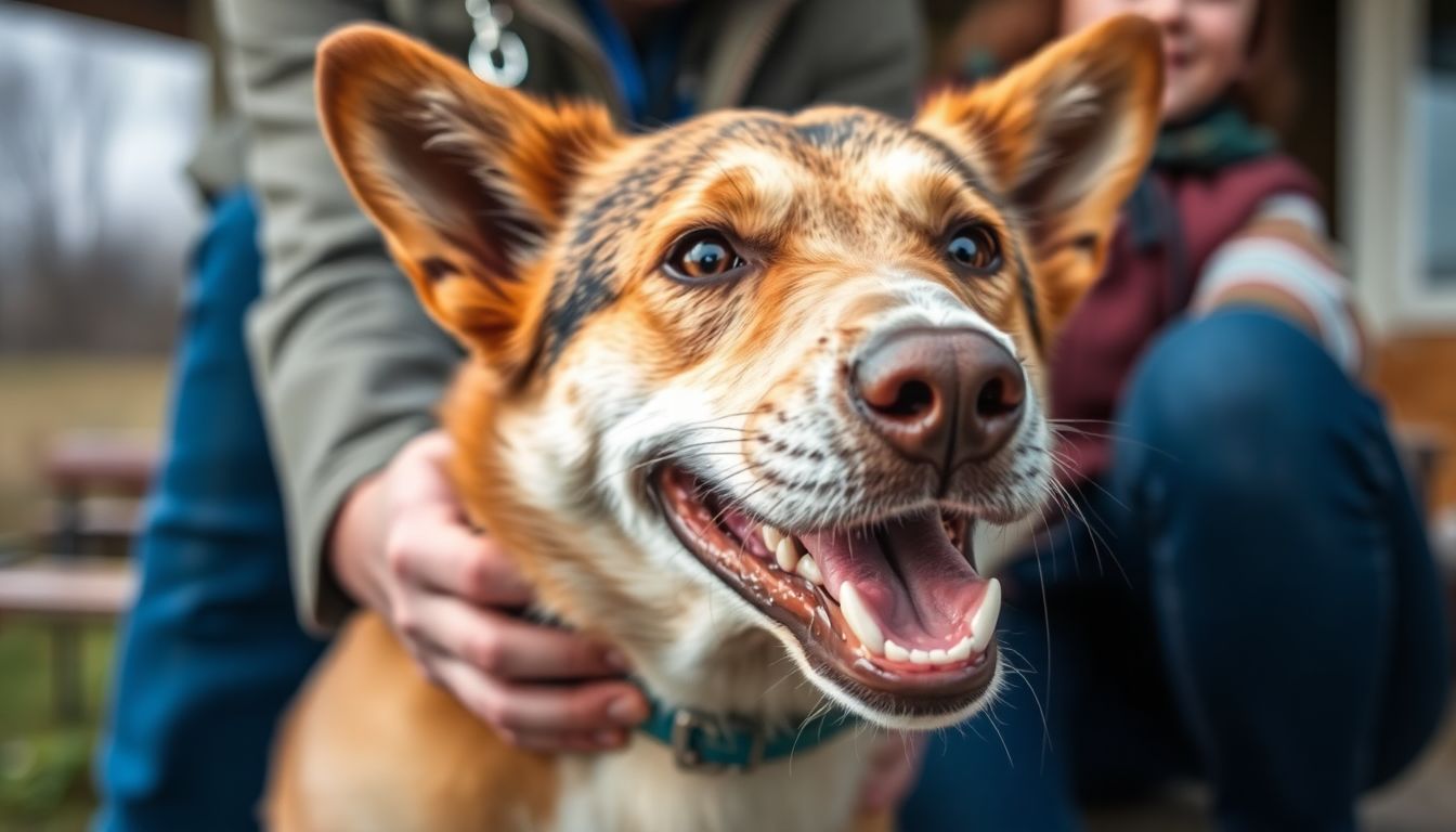 An inspiring image of a Chernobyl stray dog being rescued or adopted, with a hopeful expression on its face, and a new home or a loving family in the background.