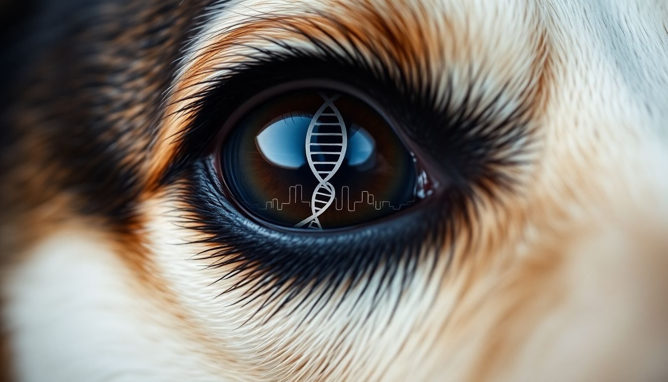 A close-up image of a dog's eye, with a genetic sequence or DNA double helix subtly incorporated into the iris.