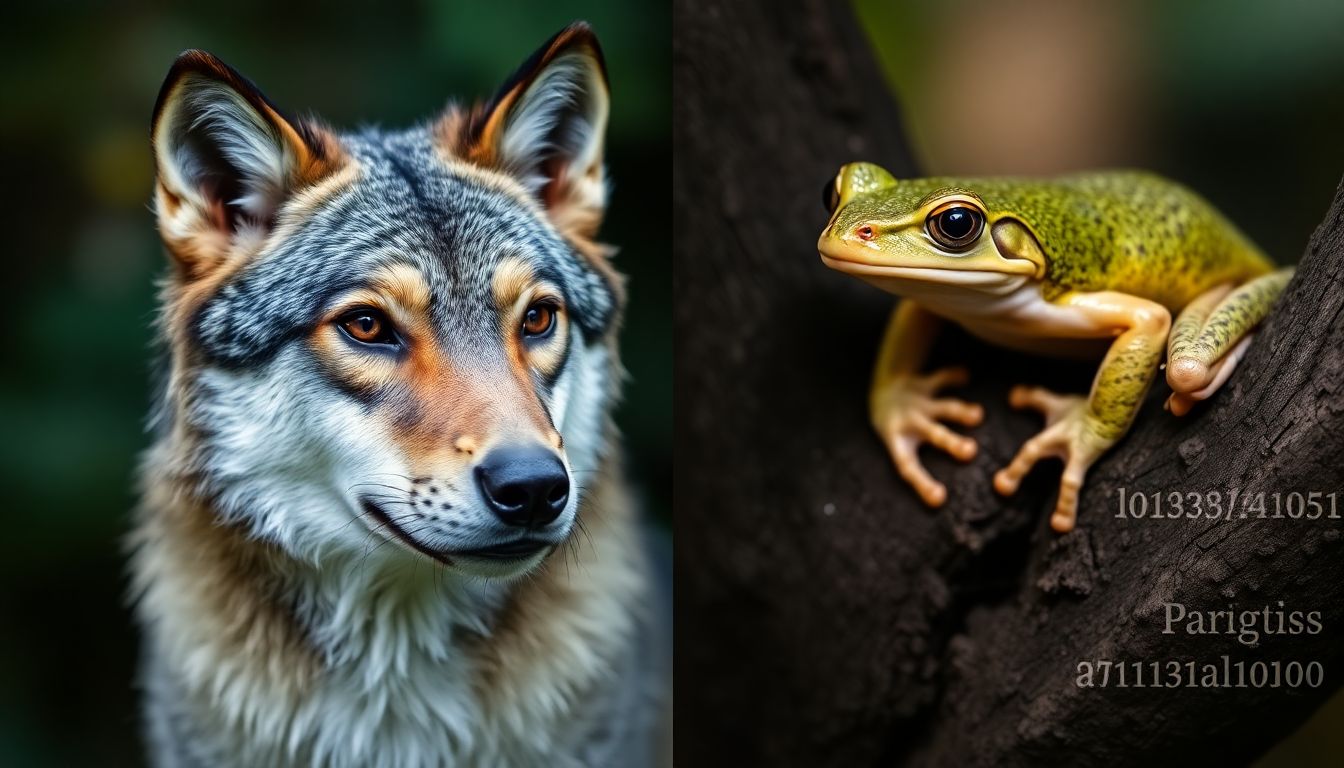 A captivating image of a wolf or a tree frog, with a subtle radioactive symbol or a genetic sequence incorporated into the photograph.