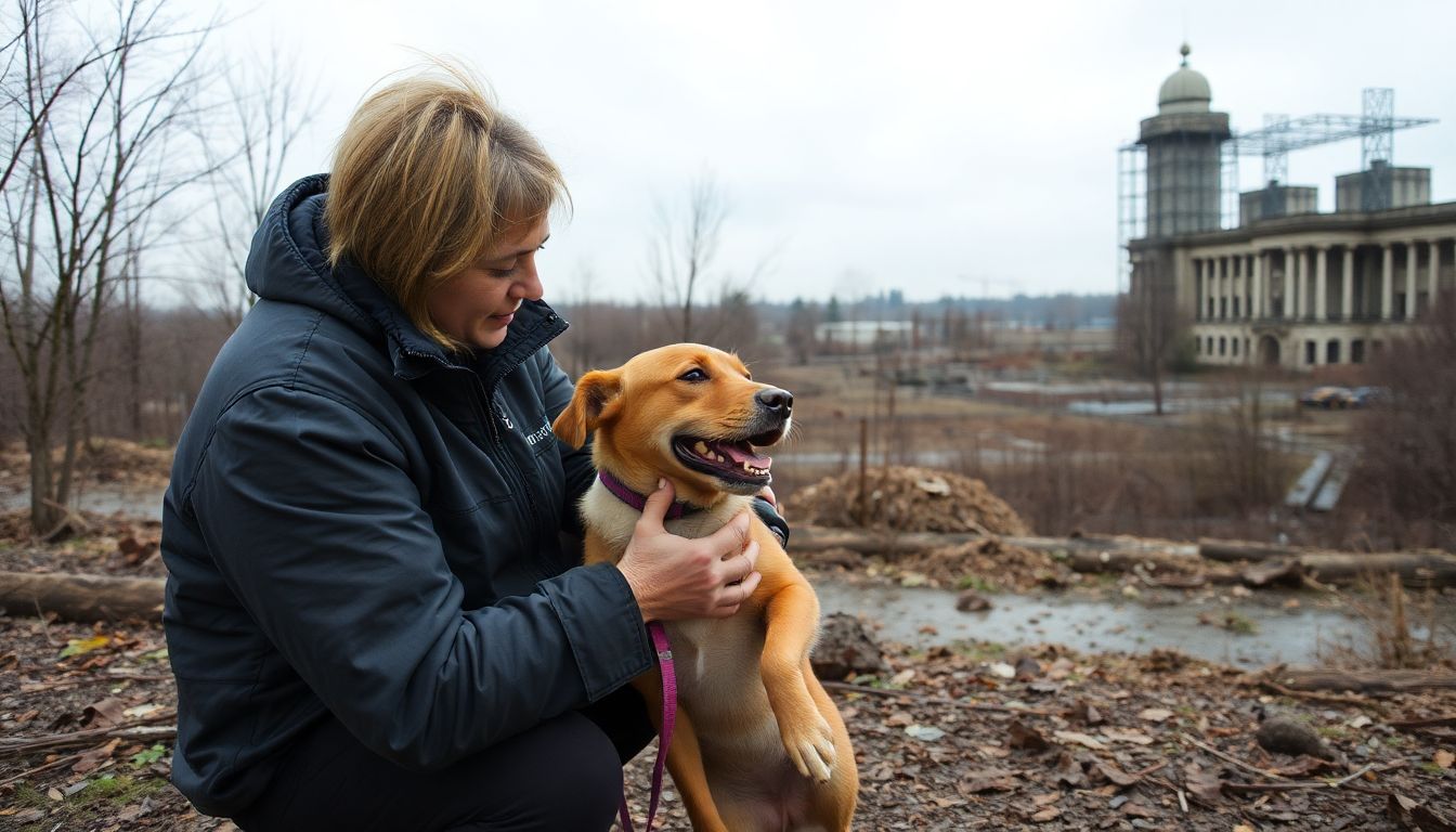 A heartwarming image of a volunteer from the Dogs of Chernobyl initiative caring for a stray dog, with the abandoned city and the reactor enclosure visible in the background.