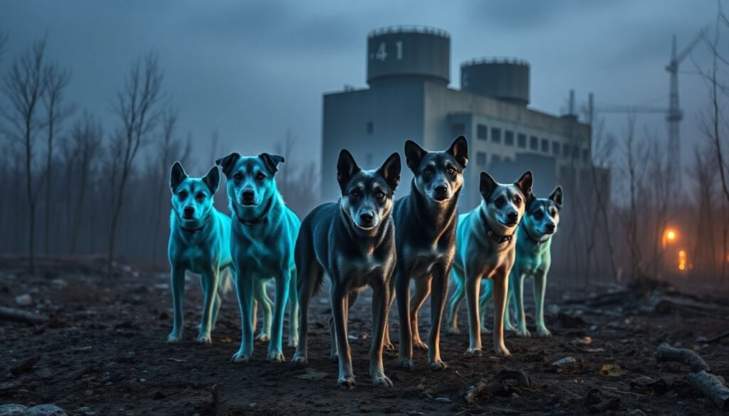 A striking image of a pack of Chernobyl's stray dogs, their fur glowing with an ethereal blue hue, standing defiantly amidst the ruins of the abandoned city, with the iconic reactor number four enclosure looming in the background.