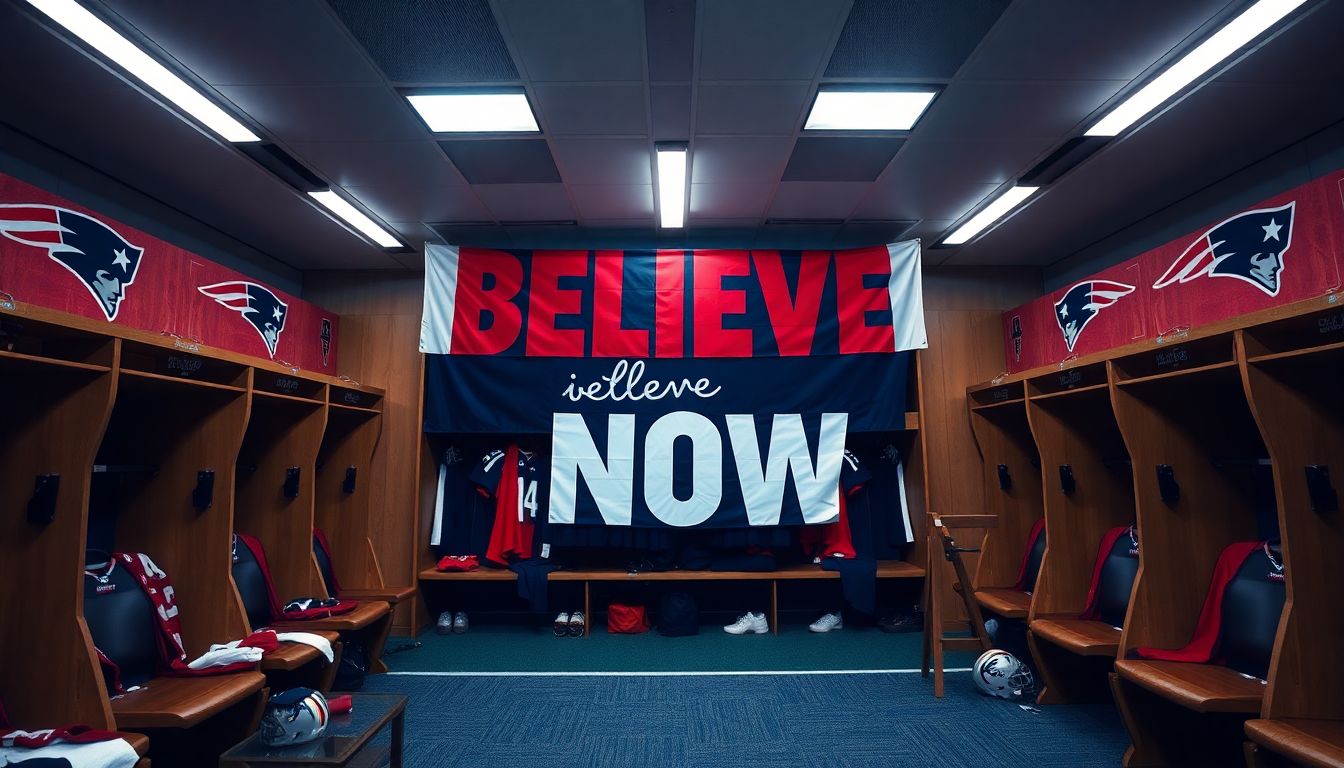 A Patriots' locker room with a 'Believe in Now' banner