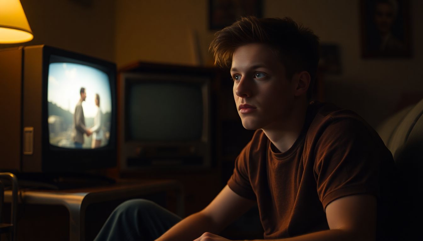 A young man, representing Nick Chancey, sitting in a dimly lit room, watching a documentary on a old TV set, with a sense of curiosity and wonder on his face.