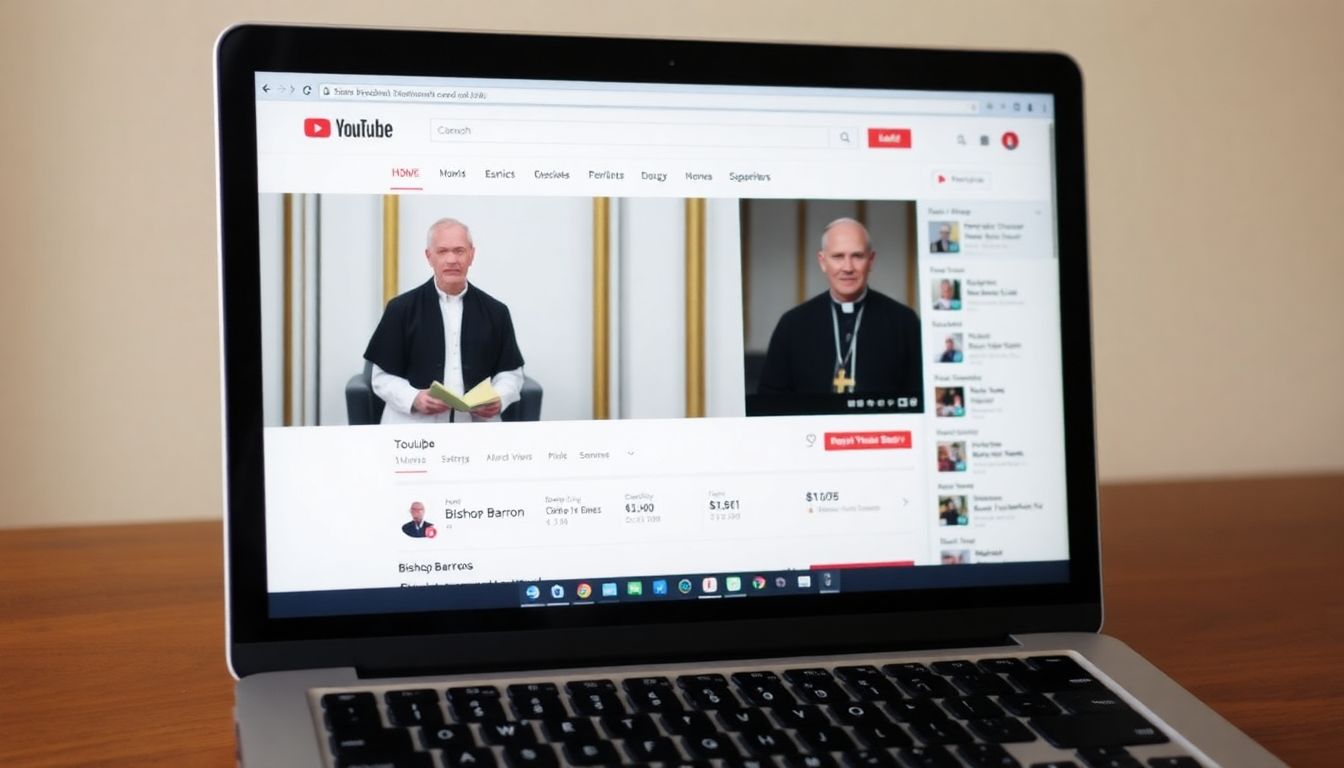 A laptop screen, displaying Bishop Barron's YouTube channel, with a vast number of views and subscribers.