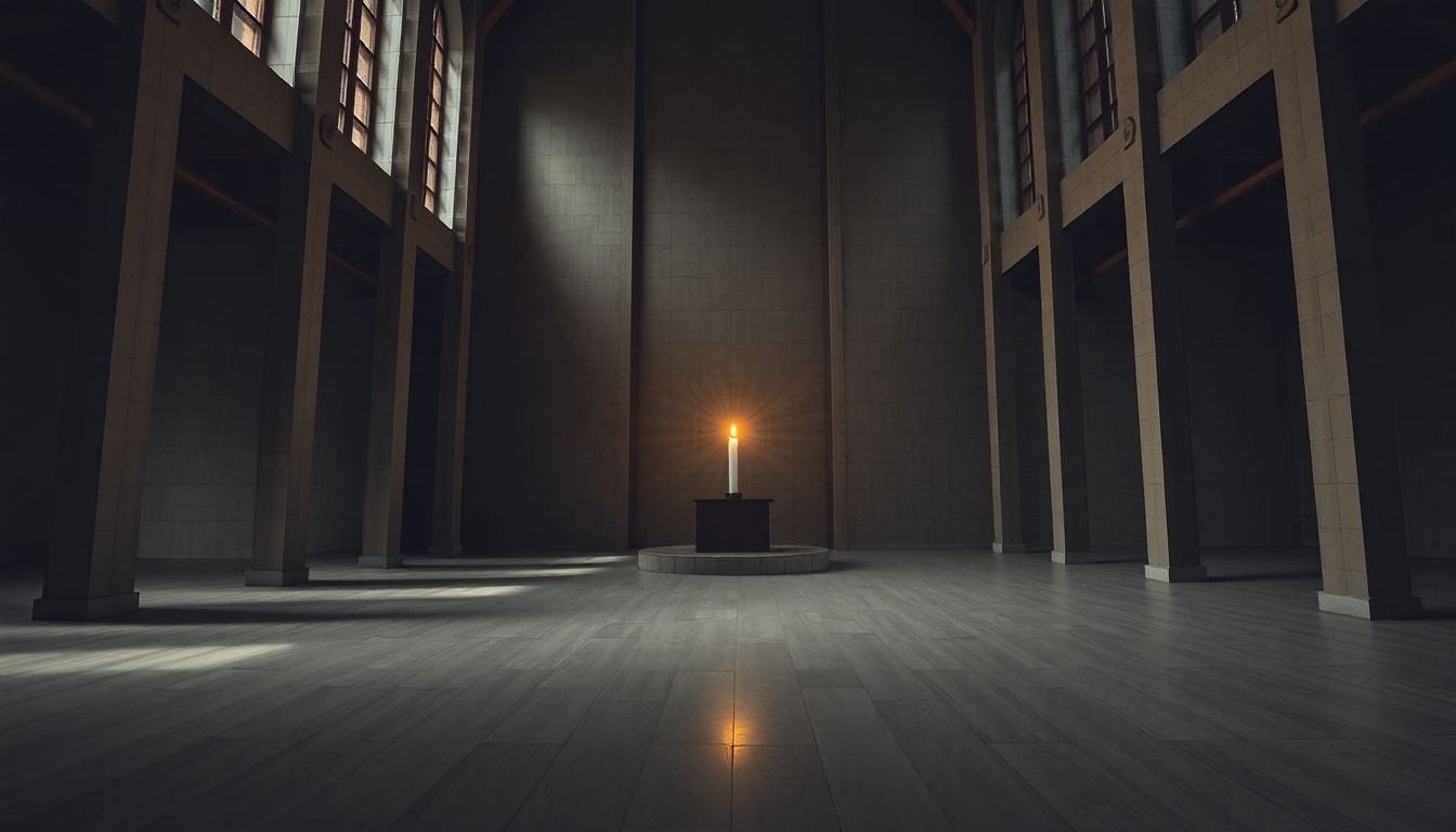 A vast, empty church, with a single, flickering candle in the distance, symbolizing the hunger for a deeper spiritual connection.