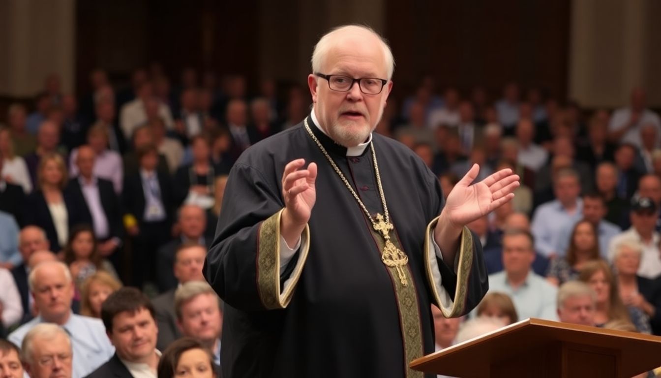 Bishop Barron, standing before a large, engaged audience, delivering a passionate, uncompromising message.