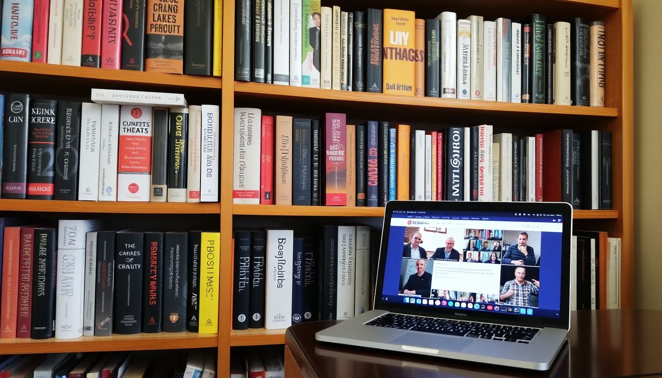 A bookshelf filled with books by new atheists and Christian apologists, with a laptop open, displaying a lively online debate.