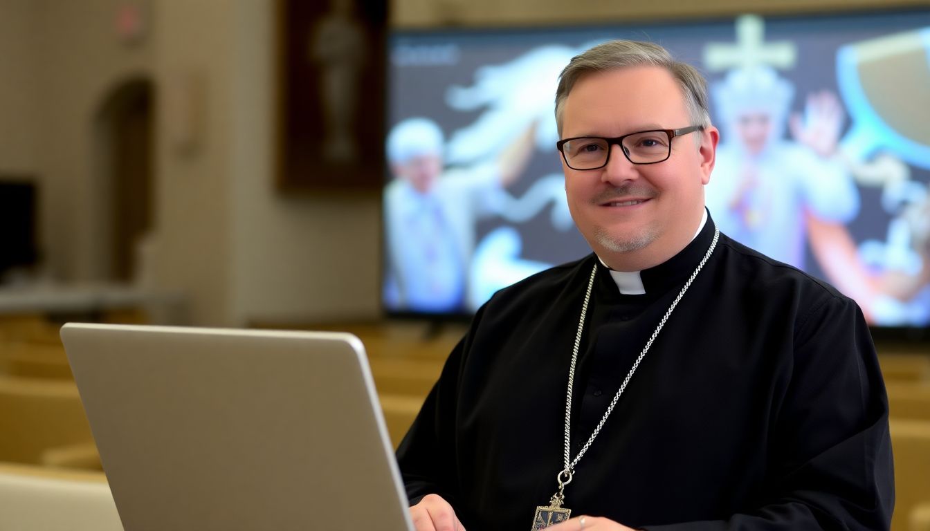 Bishop Barron, in his clerical dress, standing before a camera, with a laptop open, showing his vast social media following.