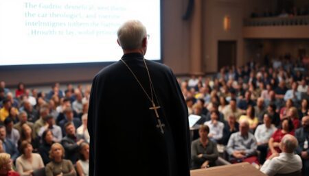 A captivating image of Bishop Robert Barron, dressed in his clerical attire, standing before a vast, engaged audience, with a large screen behind him displaying a thought-provoking theological concept. The image should evoke a sense of intellectual depth, spiritual intensity, and modern relevance.