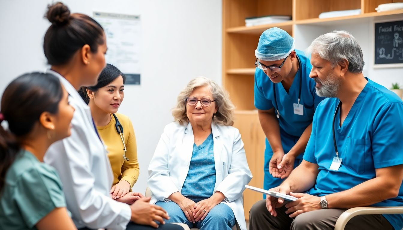 A group of diverse patients and healthcare professionals collaborating in a clinical trial setting.