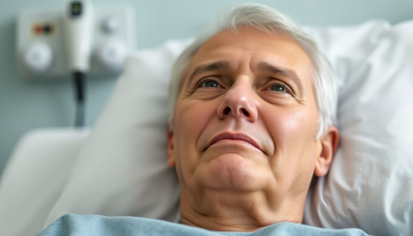 A person receiving chemotherapy, with a myeloma awareness ribbon in the background.