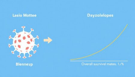A graphic showing Blenrep and Darzalex molecules with a myeloma cell, and a survival curve comparing their overall survival rates.