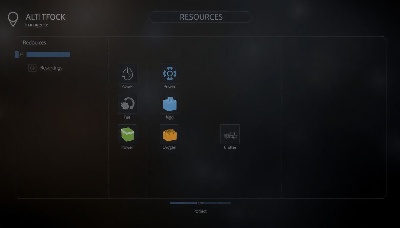 A UI screenshot showcasing the resource management HUD, with icons for power, fuel, oxygen, and crafting materials.