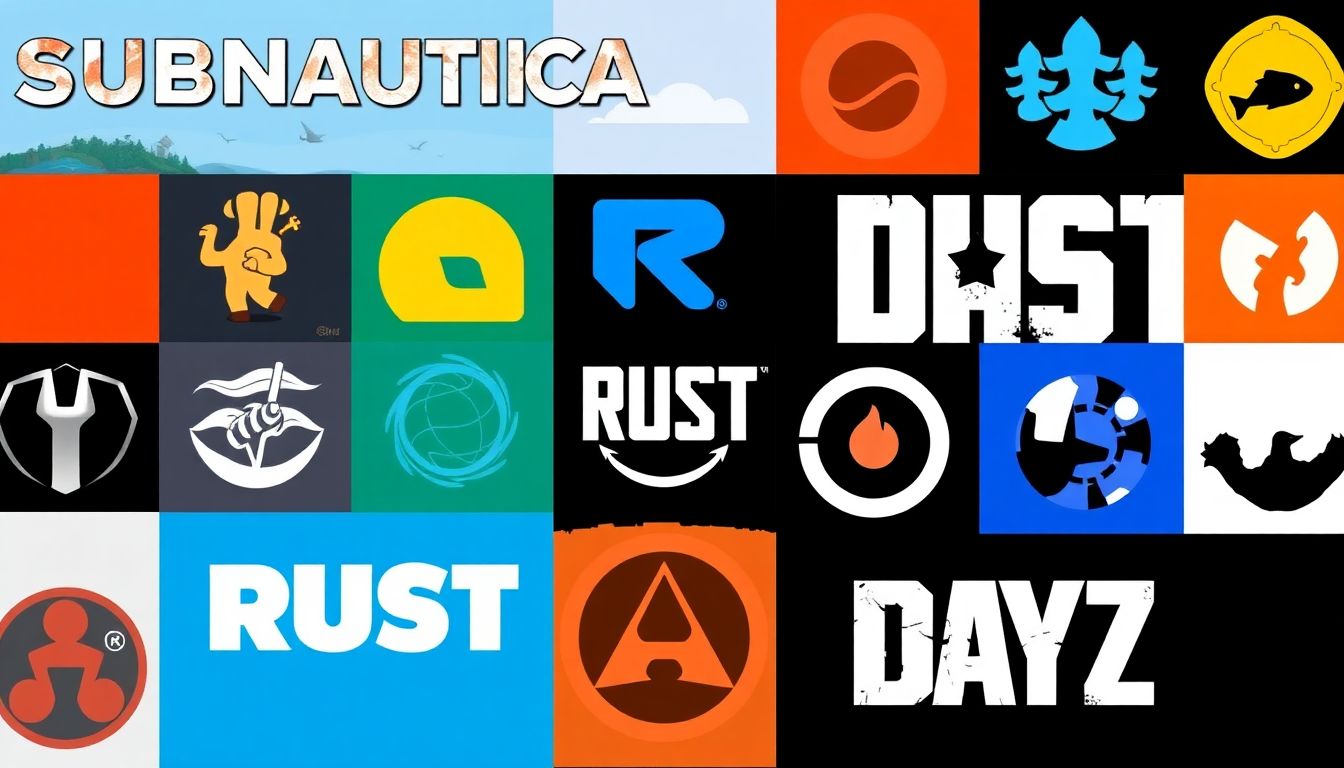 Logos of popular survival games, such as Subnautica, Rust, and DayZ, arranged in a grid.