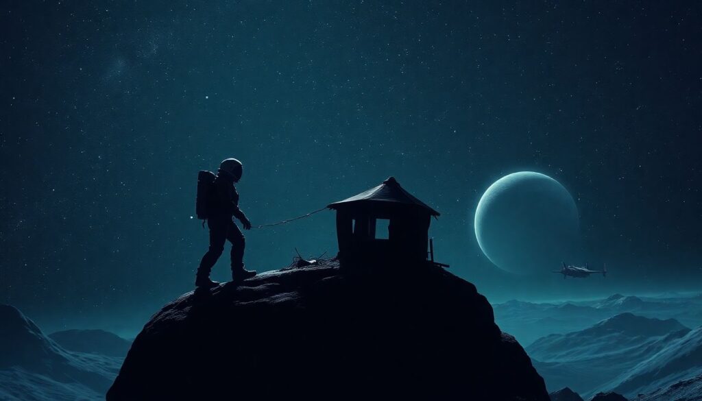 A lone astronaut, silhouetted against the vast, starry expanse, clinging to a makeshift shelter on an asteroid, with a derelict spaceship in the background and a menacing, unidentified object looming in the distance.