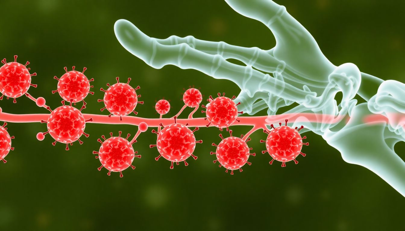 An illustration of multiple myeloma cells and their impact on bone health