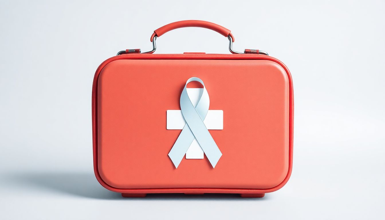 A first aid kit with a cancer awareness ribbon, symbolizing preparation and resilience