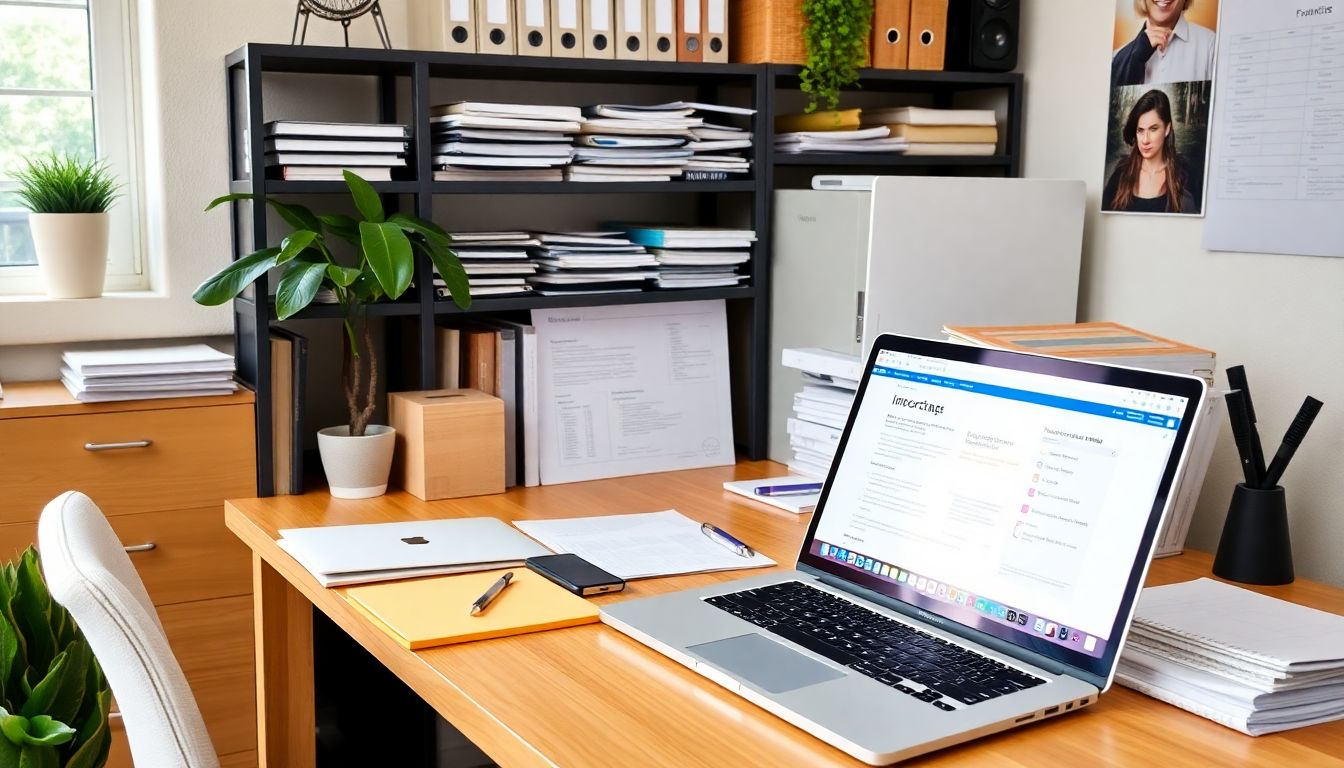 A well-organized home office with important documents and a laptop for managing finances