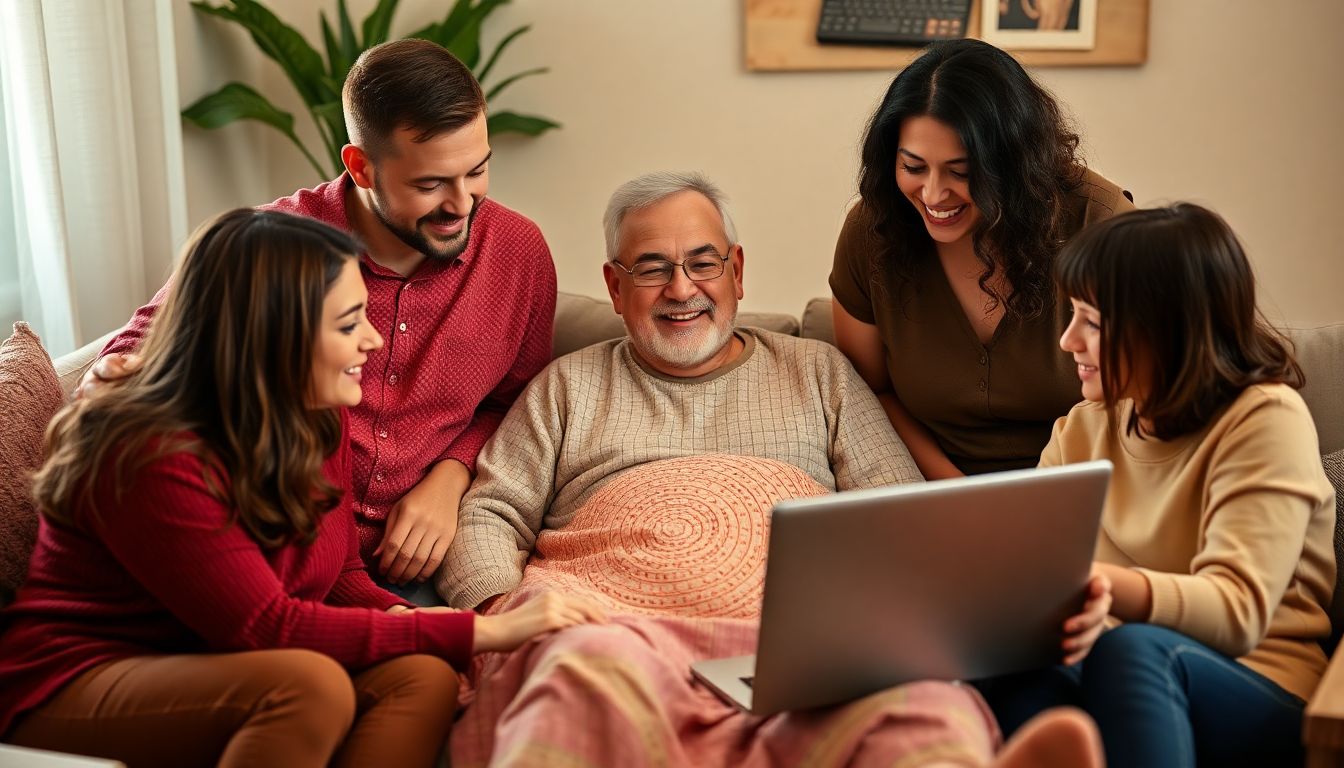 A patient surrounded by supportive family and friends, with a laptop showing them researching their condition