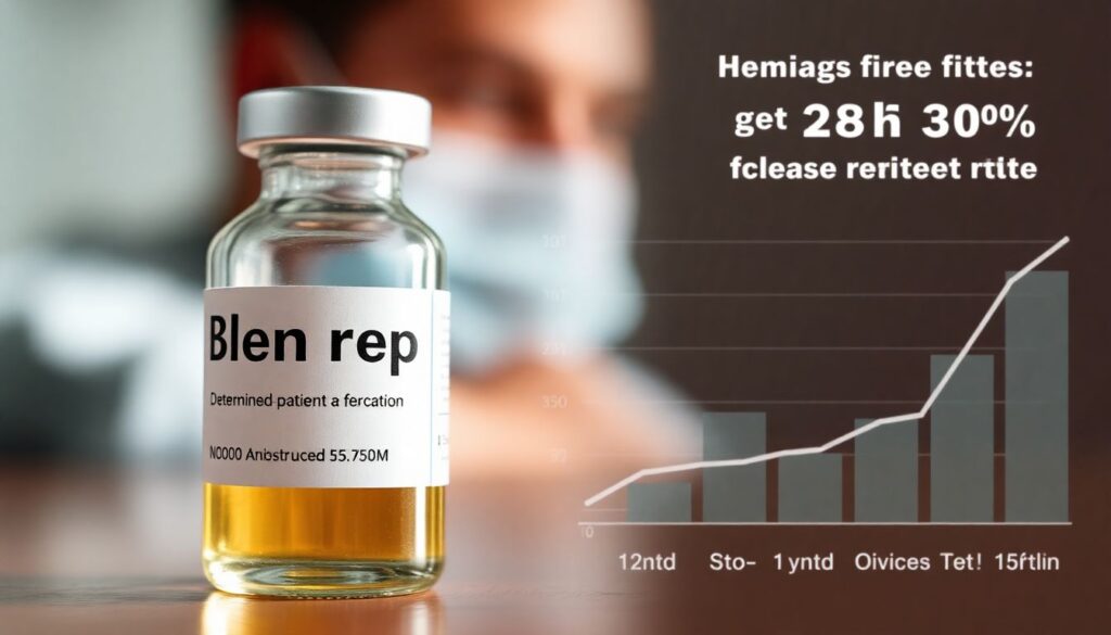 A close-up of a vial of Blenrep medication, with a background of a determined patient and a graph showing increased survival rates