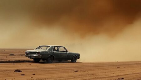A desolate, ash-covered landscape with a lone, battered car driving through it, with the Perth skyline in the distance, shrouded in smoke. The cover should evoke a sense of urgency and foreboding, reflecting the climate crisis in Western Australia.