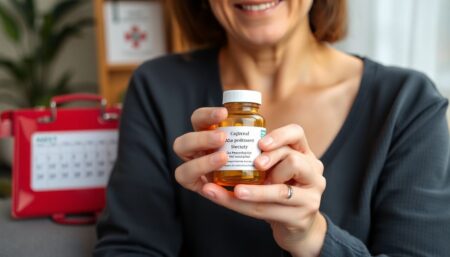 A confident patient holding a bottle of medication, with a calendar showing upcoming appointments, and a first aid kit nearby, symbolizing preparedness and hope in the face of CLL treatment uncertainty.
