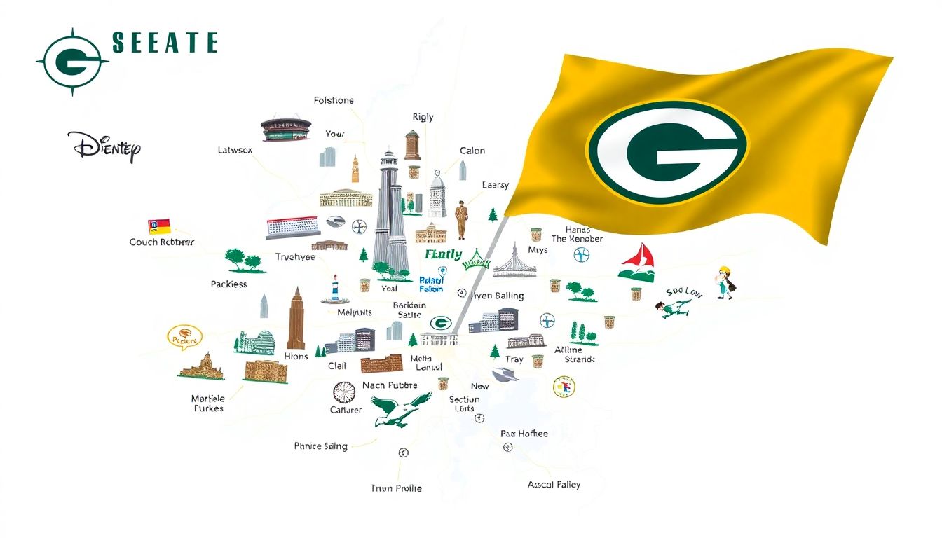 A map of Seattle with key landmarks, stadium, and fan-friendly neighborhoods highlighted, along with a Packers' flag waving proudly.