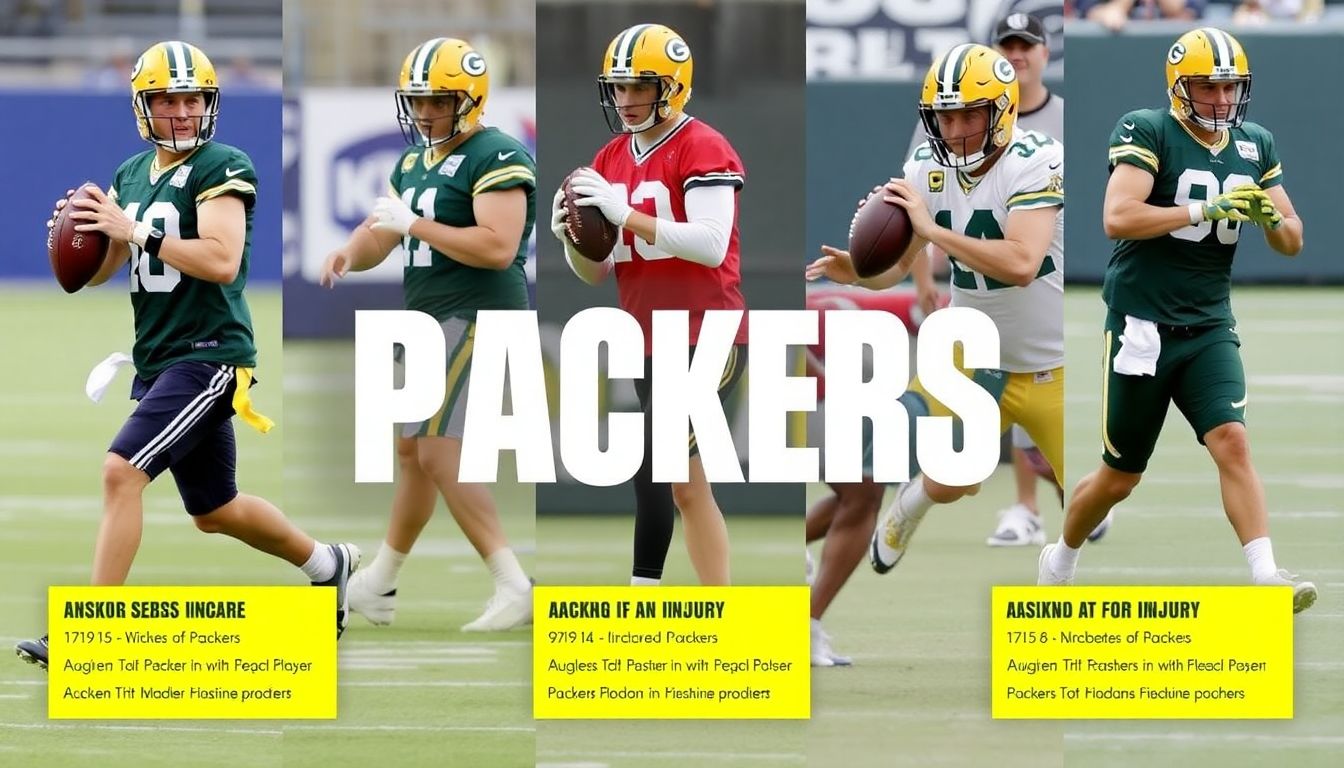 A collage of injured Packers players working out, with their respective positions and injury updates listed.