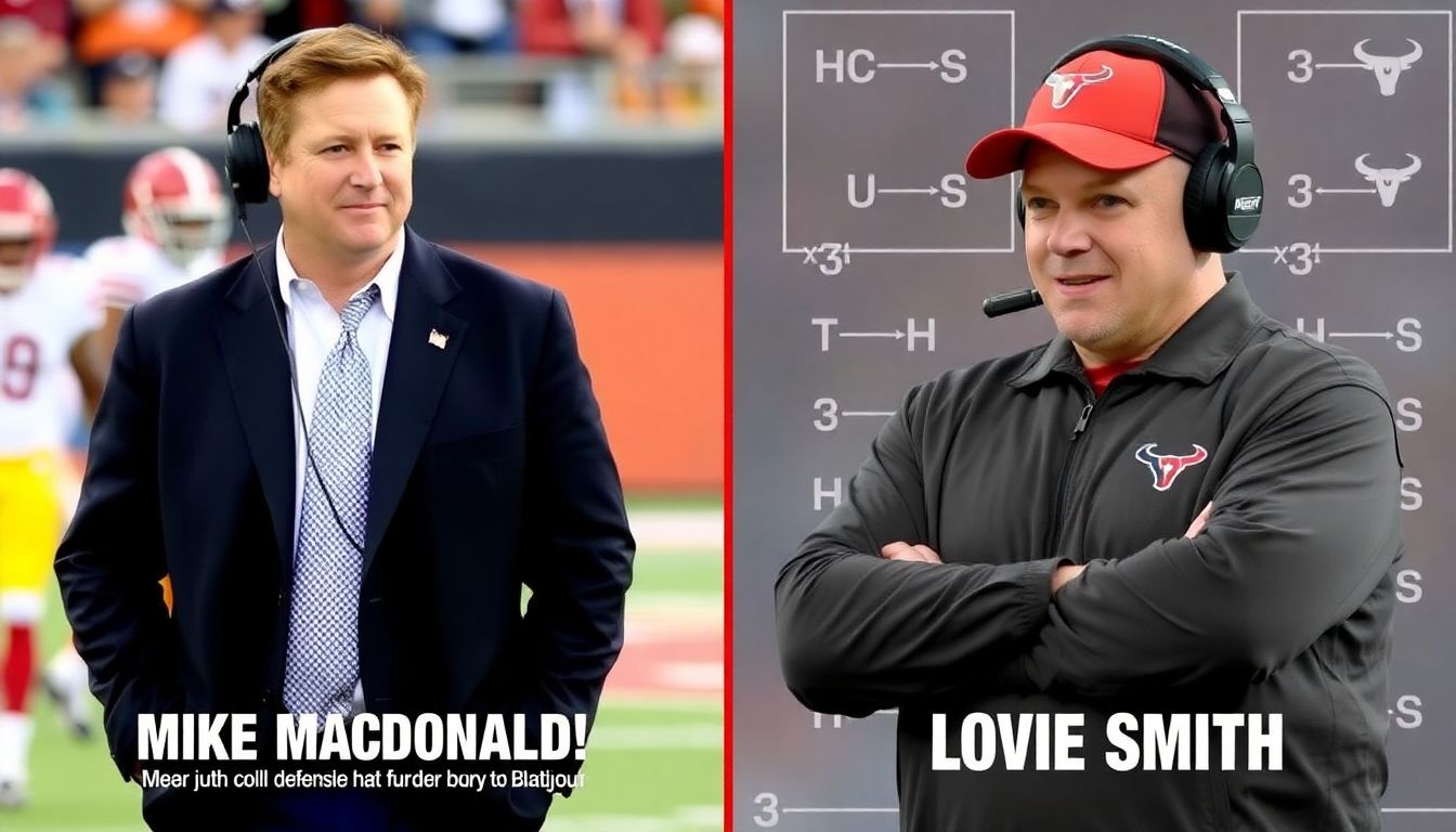 Side-by-side images of Mike Macdonald and John Harbaugh (his former boss in Baltimore) on one side, and Lovie Smith (Houston's head coach) on the other, with defensive play diagrams in the background.