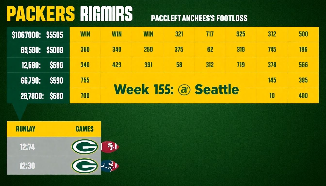 A graph or chart showing the Packers' win-loss record, their playoff chances, and the remaining games on their schedule, with a prominent 'Week 15: @ Seattle' highlighted.