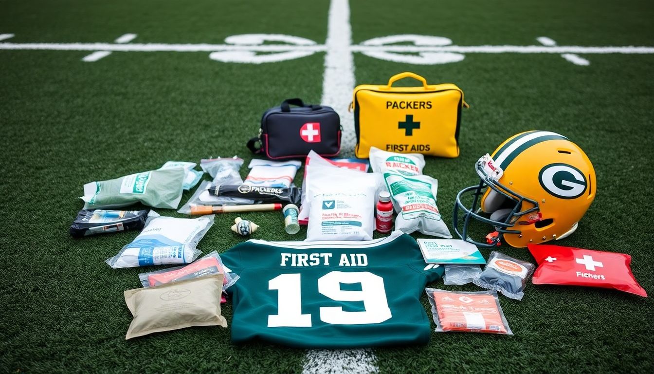 A first aid kit and emergency supplies laid out on a football field, with a Packers' helmet and jersey in the foreground.