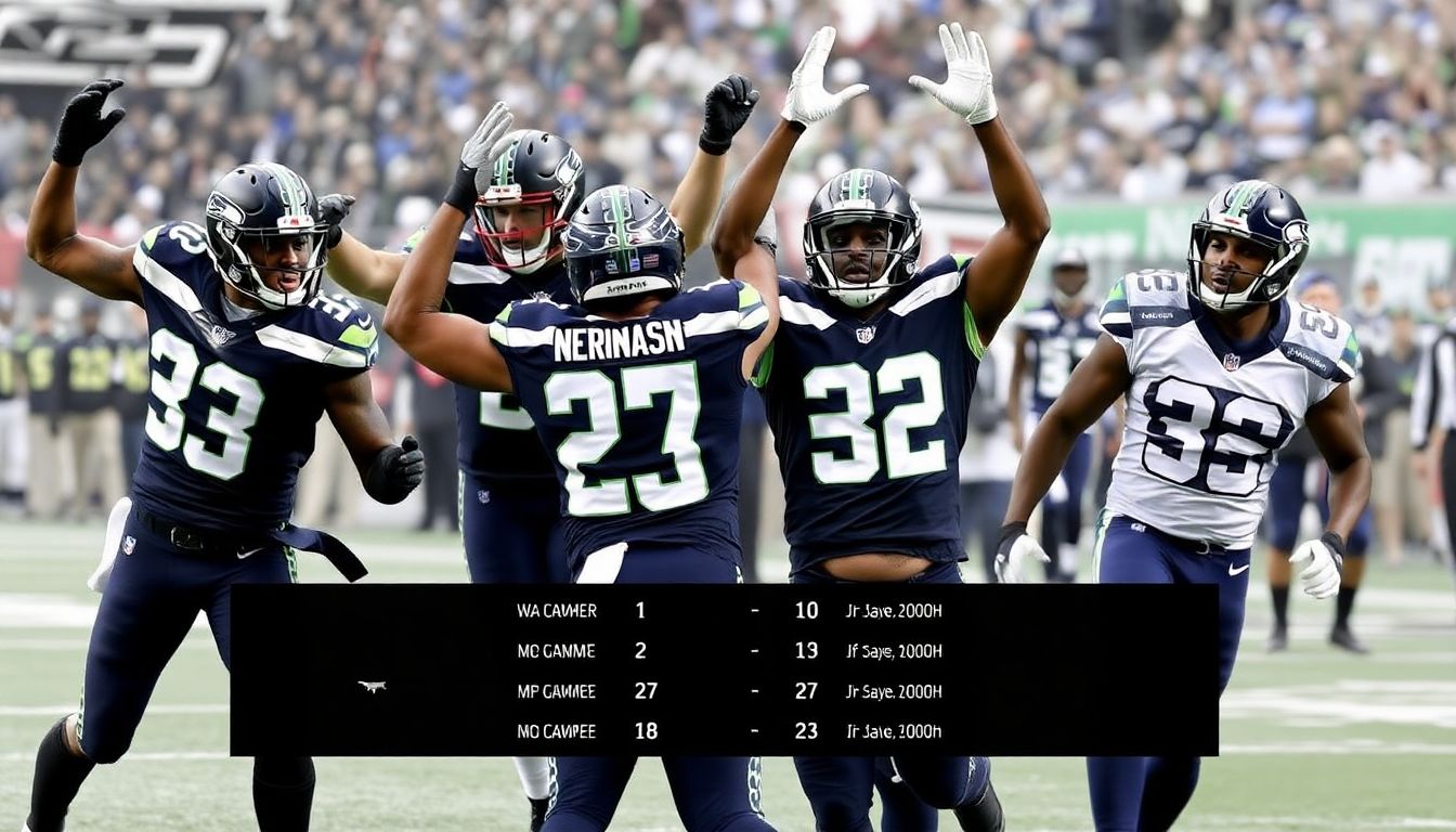 A montage of Seattle's defensive backs celebrating interceptions, with the scores and dates of the games they've won highlighted.