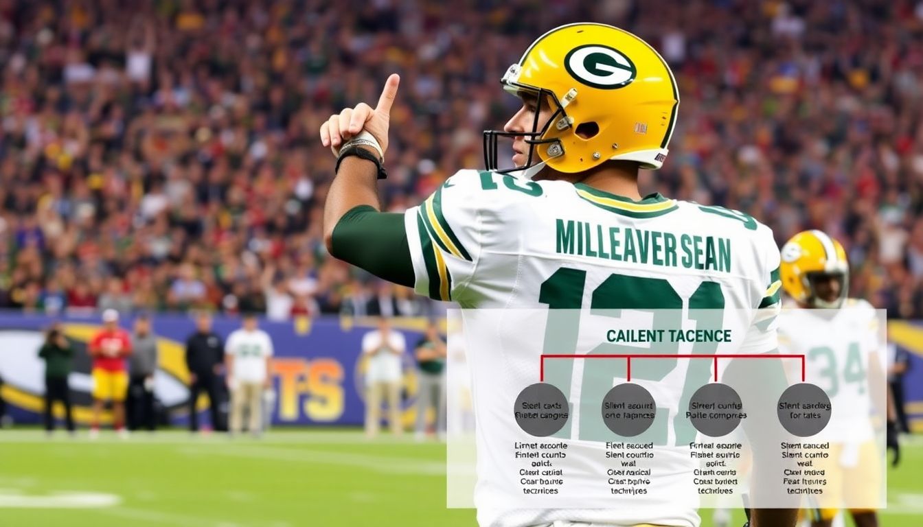 A Packers' offensive player signaling the snap count, with a loud, cheering crowd in the background, and a diagram of silent cadence techniques.