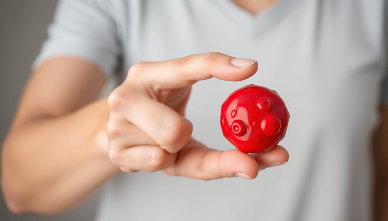 A person holding a red blood cell model, symbolizing the battle against multiple myeloma.