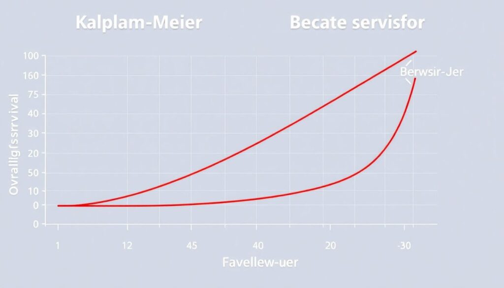 A graph showing the Kaplan-Meier curve for overall survival, with two lines separating early and maintaining through follow-up, favoring the Blenrep combination.