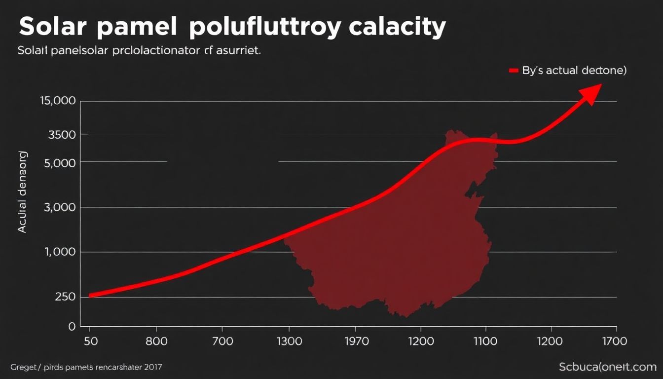 A graph showing the rapid increase in solar panel production capacity in China, with a red line indicating the actual demand, starkly contrasting with the supply.