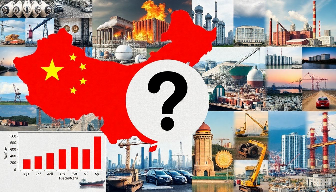 A collage of images representing various industries in China, with graphs showing overcapacity and slowing demand, and a question mark symbolizing the uncertainty and reluctance to cut back.