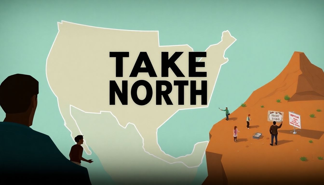 A screenshot of the Take Us North announcement trailer, showcasing the game's 2D cutscenes and 3D gameplay, with a map of the U.S.-Mexico border in the background.