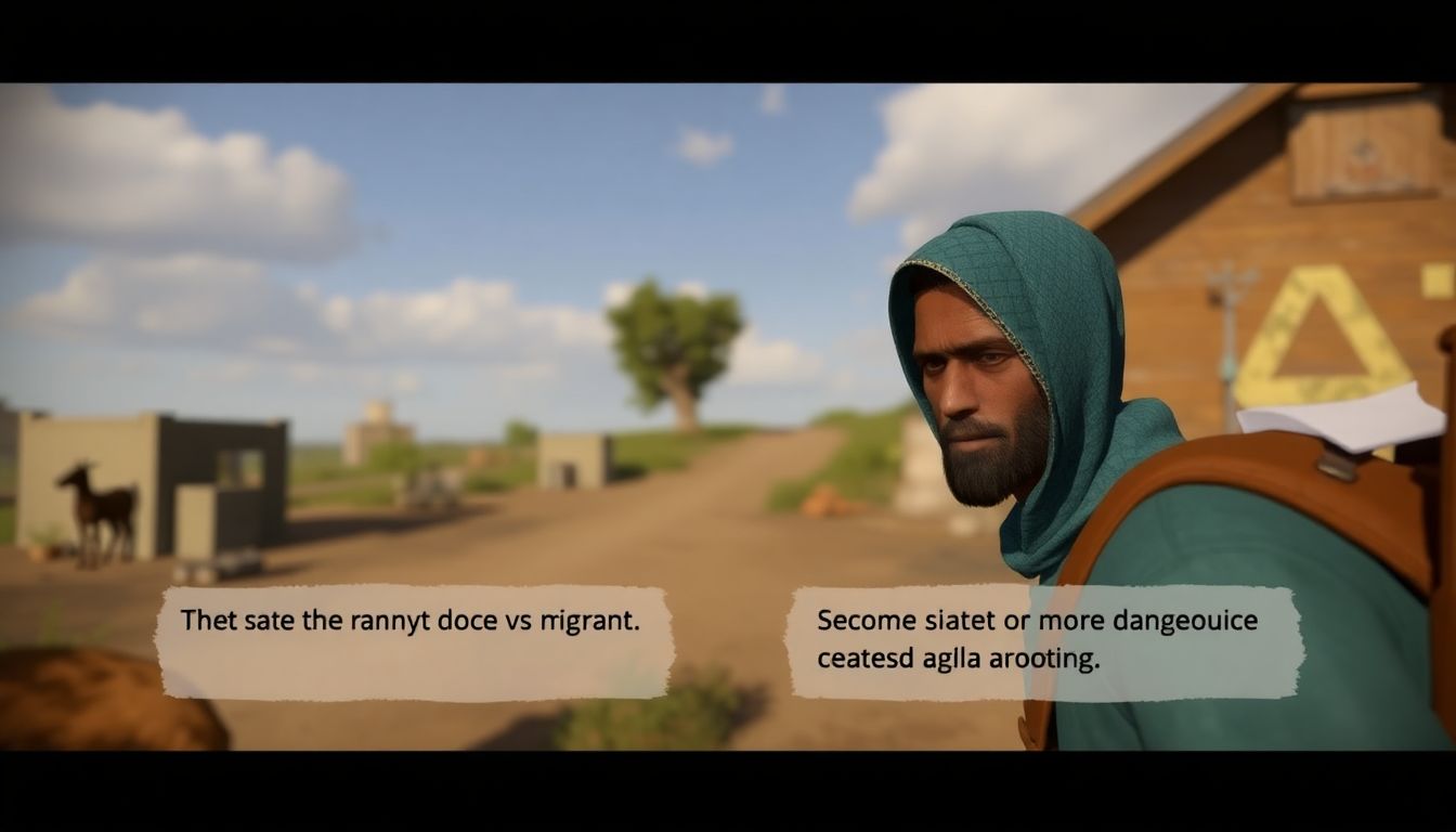 A gameplay screenshot of a migrant character facing a difficult choice, such as deciding whether to take a risky route to avoid immigration police or stick to a safer but more dangerous path.