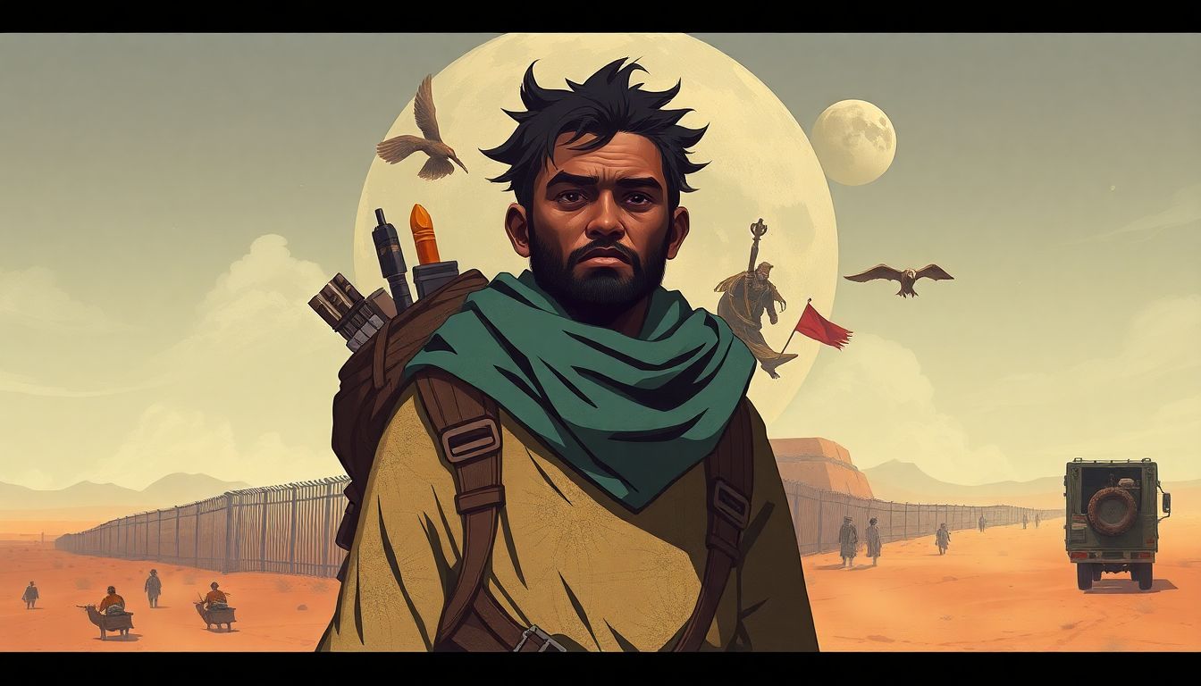 A concept art image of a migrant character, surrounded by elements from their journey, such as a border wall, a desert landscape, and a migrant caravan.