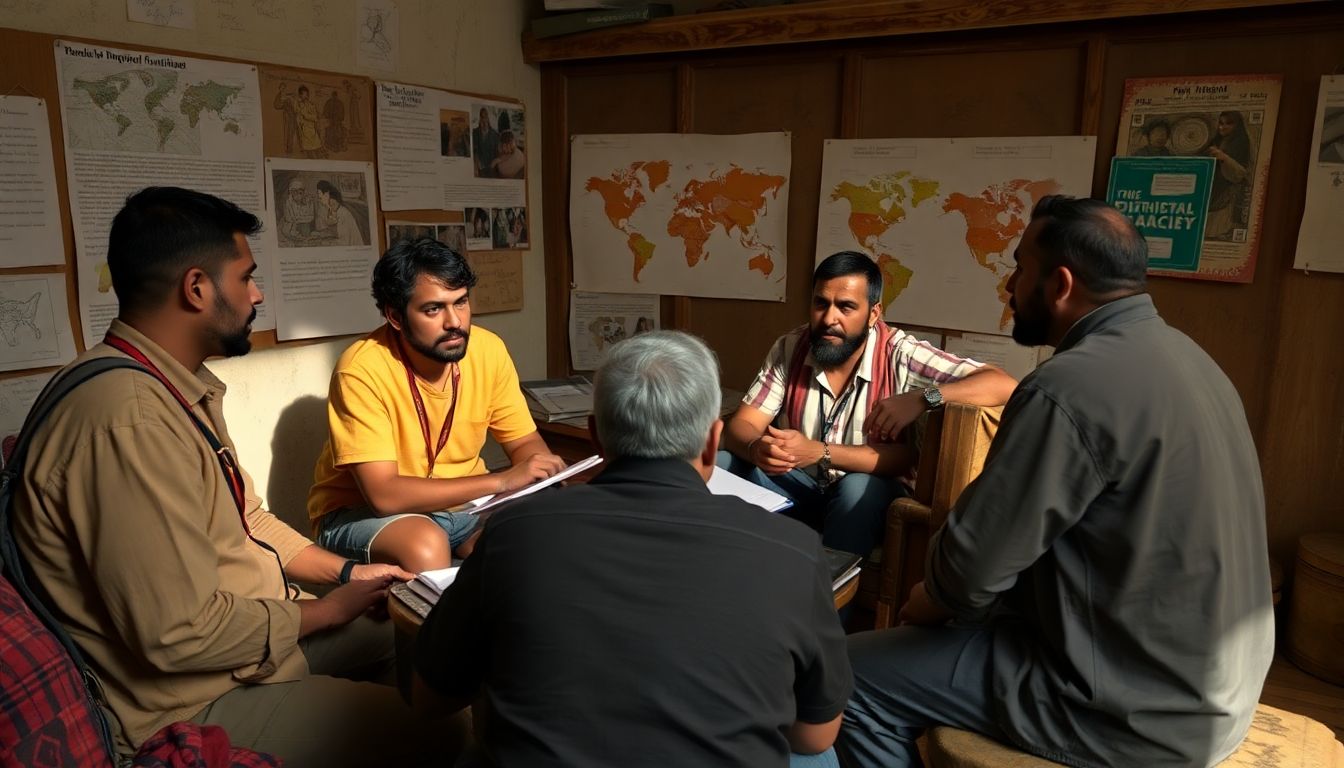 A group of anthropologists and migrant consultants discussing the game's narrative and mechanics, surrounded by research materials and concept art.