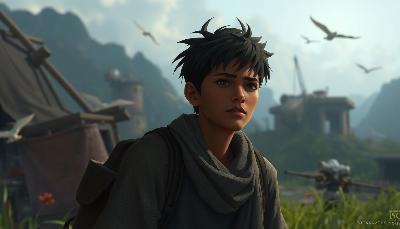 A concept art image of a migrant character experiencing a moment of reflection or emotion, surrounded by elements that evoke the game's themes of struggle, resilience, and humanity.